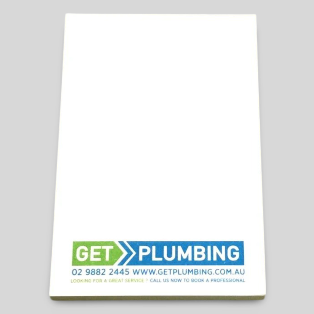 A rectangular notepad featuring the "GET Plumbing" branding at the bottom. It includes the company’s phone number 02 9882 2445 and website www.getplumbing.com.au with a tagline encouraging customers to book professional services. The clean white space is perfect for jotting notes, making it ideal for trade professionals and client giveaways.