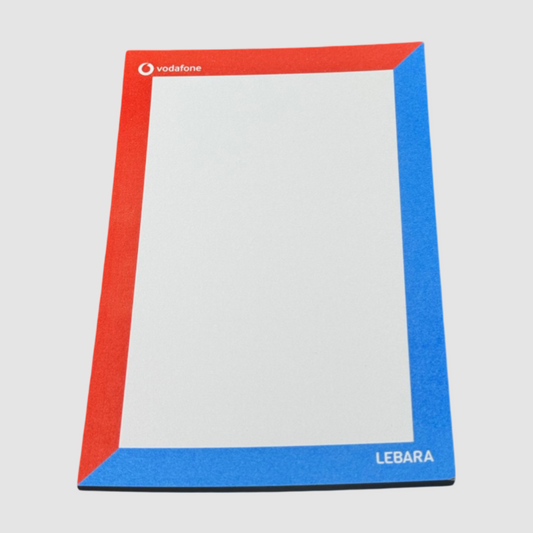 This image showcases a rectangular notepad branded with "Vodafone" in red and "Lebara" in blue, featuring a bold red and blue border design. The pad is likely used for professional or promotional purposes, combining a clean layout with prominent brand visibility. Suitable for corporate giveaways or internal use.