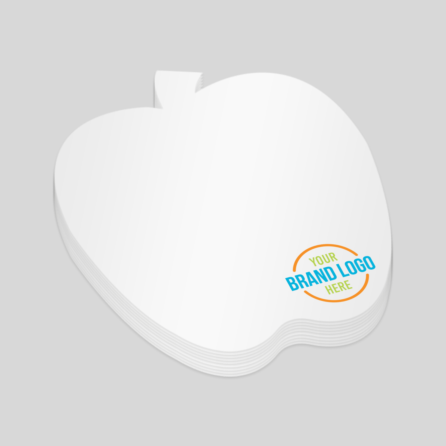 Apple-shaped notepad, offering a playful and unique design. Ideal for health-related promotions, education campaigns, or eco-conscious branding. Custom branding space included.