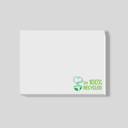 100mm by 75mm sticky pads with text "IM 100% recycled"