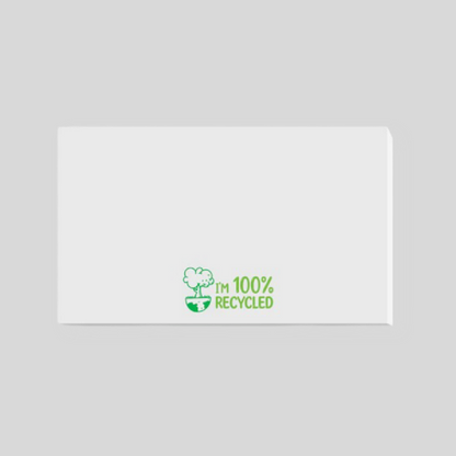 125mm by 75mm sticky pad with 'IM 100% recycled' logo