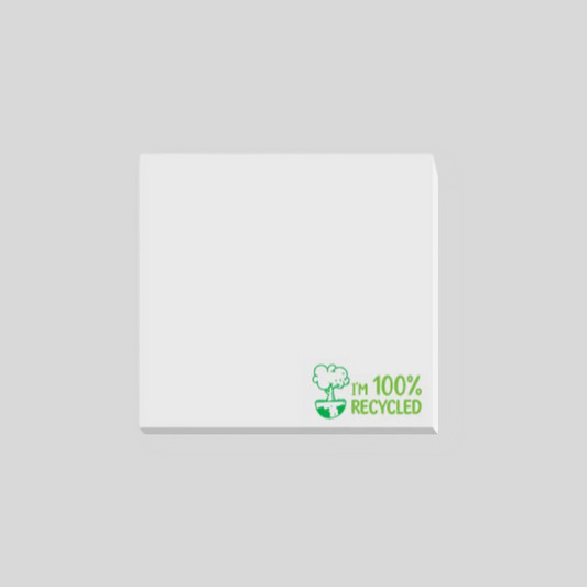 70mm by 75mm sticky pad with 'IM 100% recycled' logo