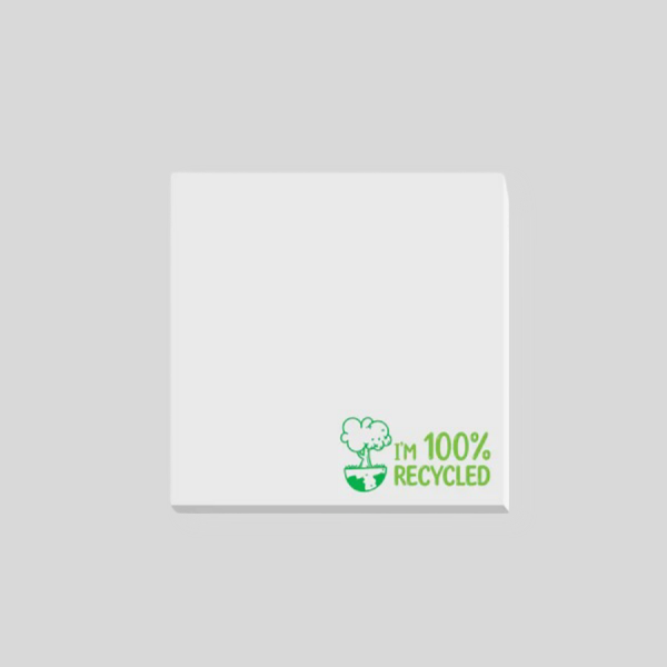 75mm by 75mm sticky pad with 'IM 100% recycled' logo