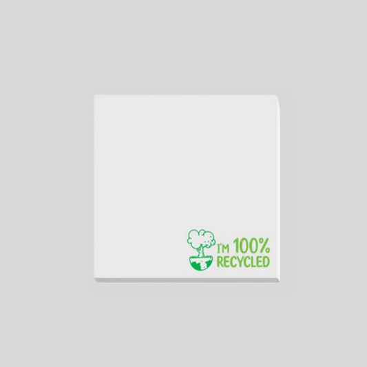 75mm by 75mm sticky pad with 'IM 100% recycled' logo